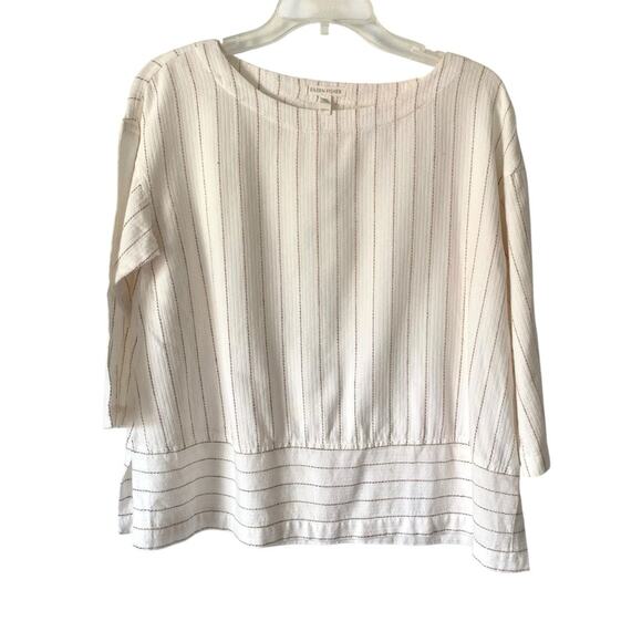 Eileen Fisher Organic Cotton Stripe Top Bateau Neck size XS White Tan - Picture 4 of 9